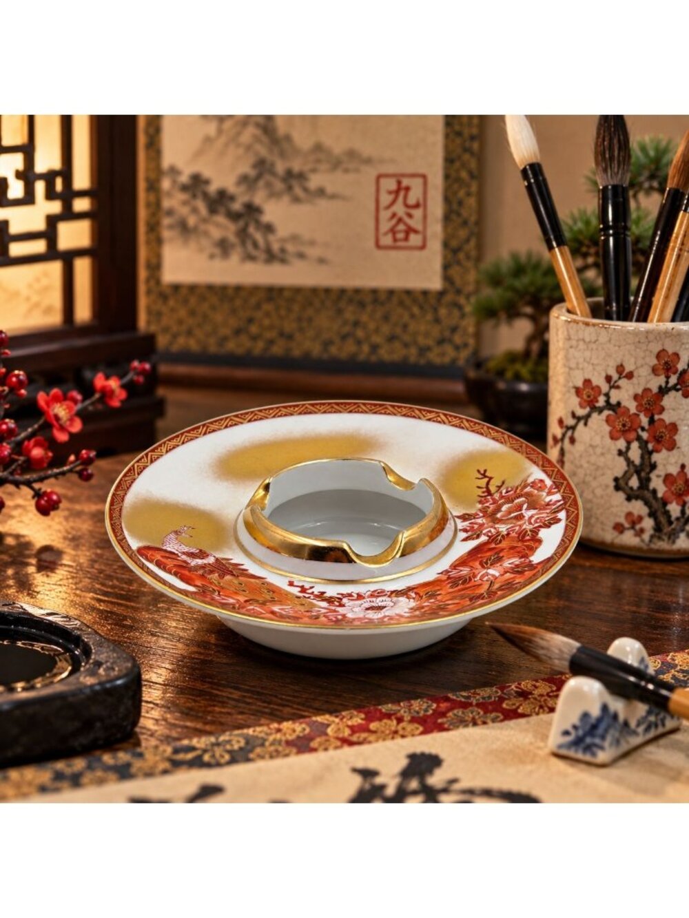 Kutani Peacock & Peony Water Well or Ashtray From the Meiji Period